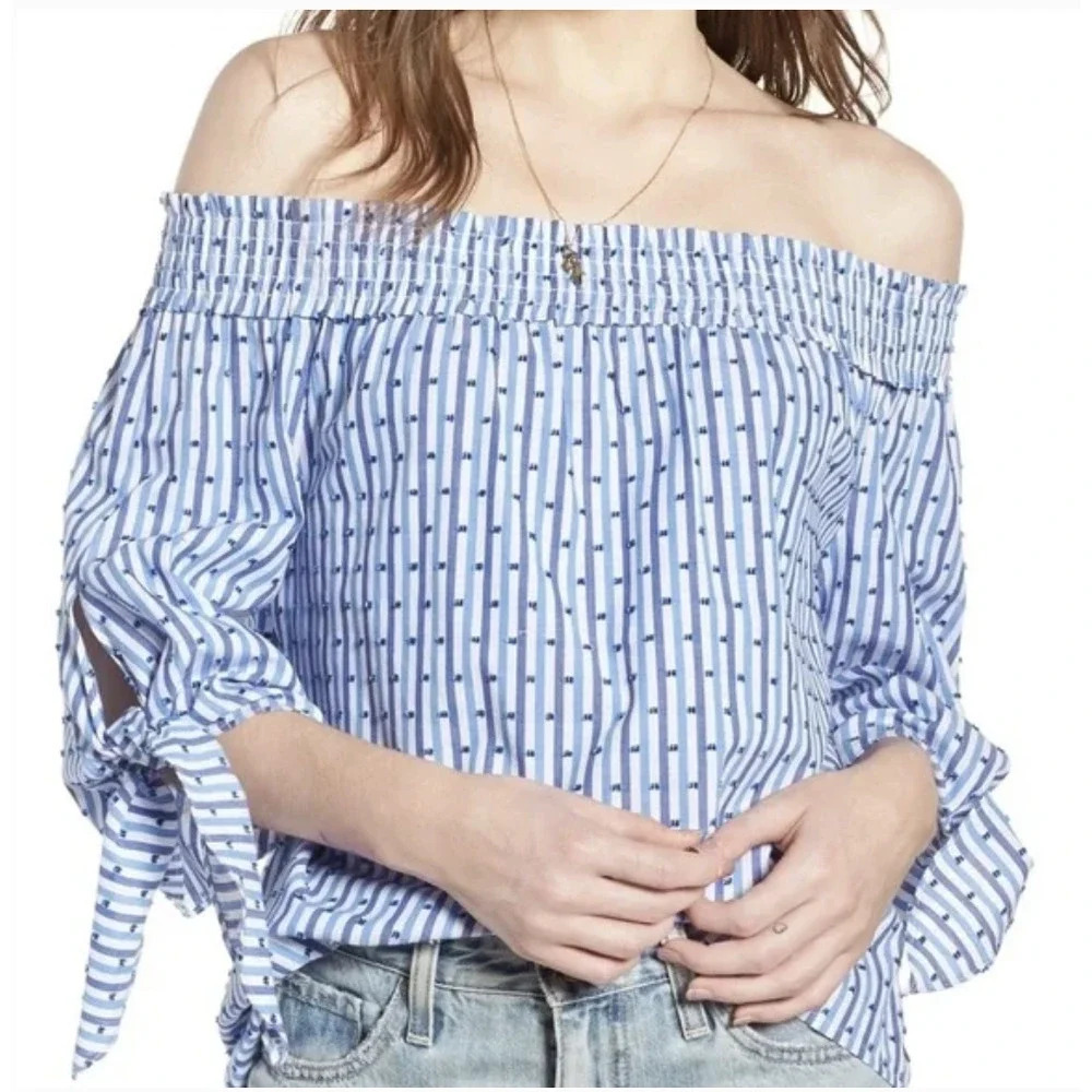 SCOTCH‎ & SODA Off-the-Shoulder Tie Sleeve Top Blue Stripe Size Small
